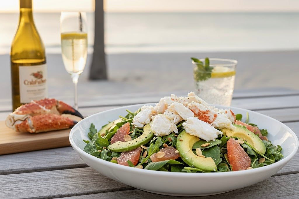 Stone crab salad on beach wit drinks 